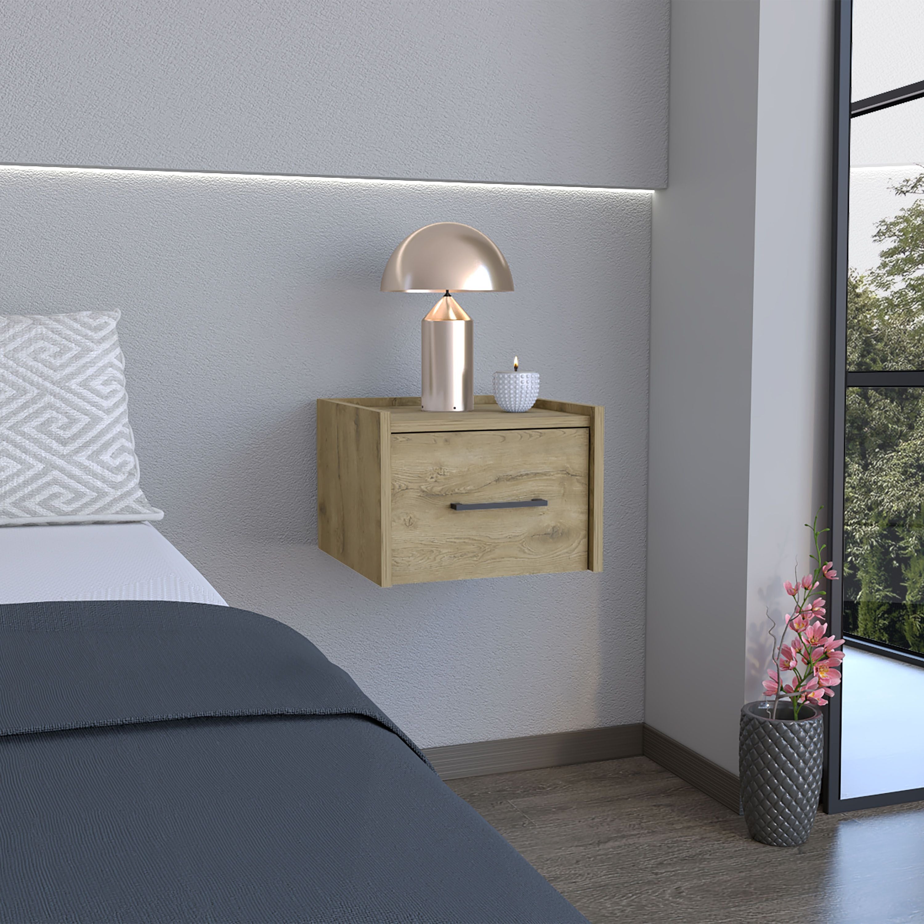 Depot E-Shop Yorktown Floating Nightstand, Space-Saving Design With Handy Drawer And Surface, Macadamia